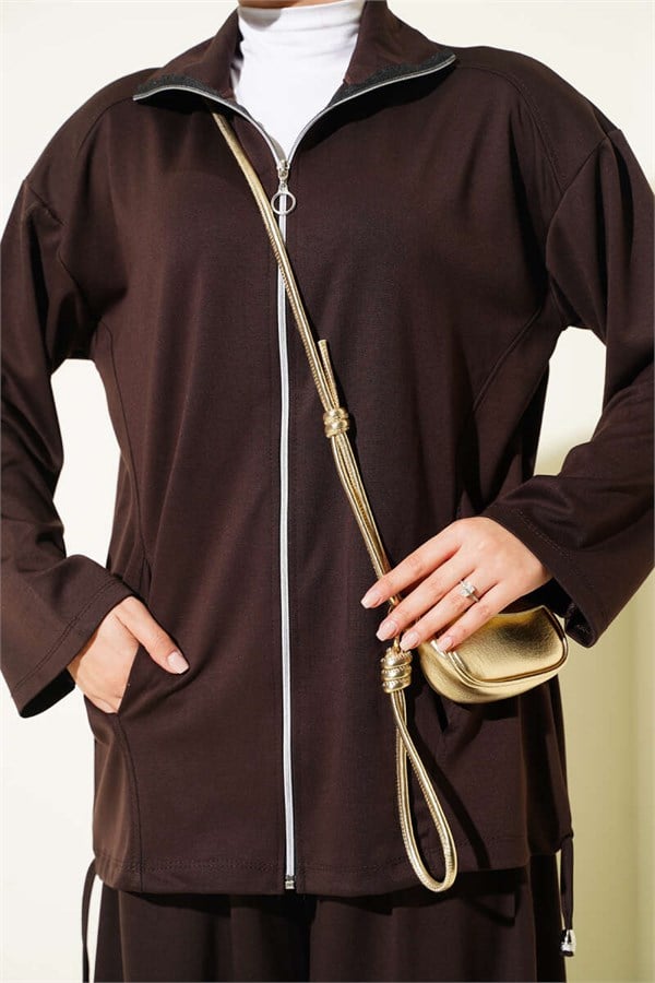 2 Piece Set with Zip-Up Trousers, Coffee Color
