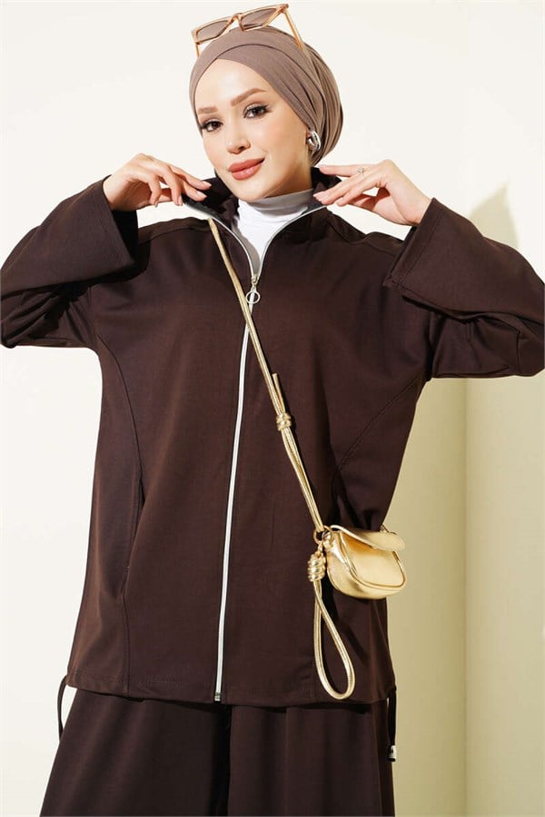 2 Piece Set with Zip-Up Trousers, Coffee Color