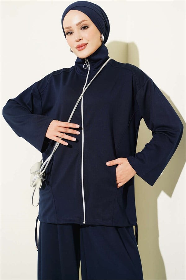 2 Piece Set with Zip-Up Trousers, Navy Blue