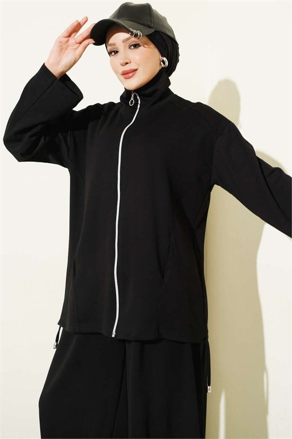 Zip-up Trousers 2 Piece Set, Black