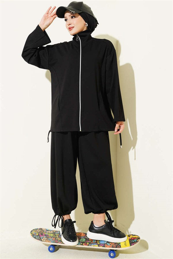 Zip-up Trousers 2 Piece Set, Black
