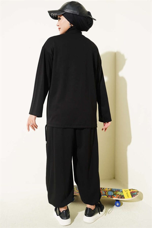 Zip-up Trousers 2 Piece Set, Black