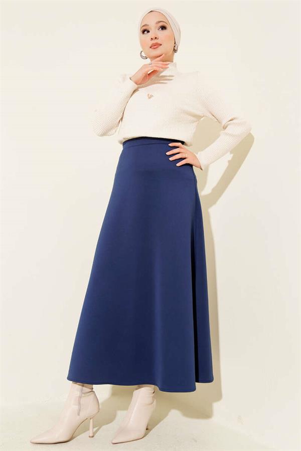 Zippered Scuba Bell Skirt Navy Blue