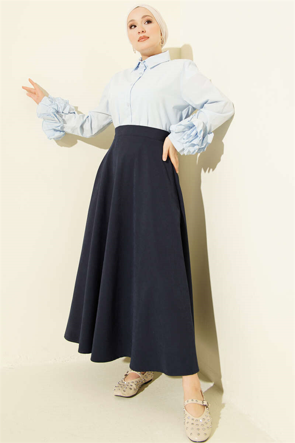 Tencel Flared Skirt with Zipper, Navy Blue