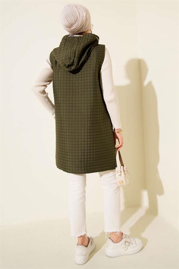 Long Quilted Vest with Zipper, Khaki