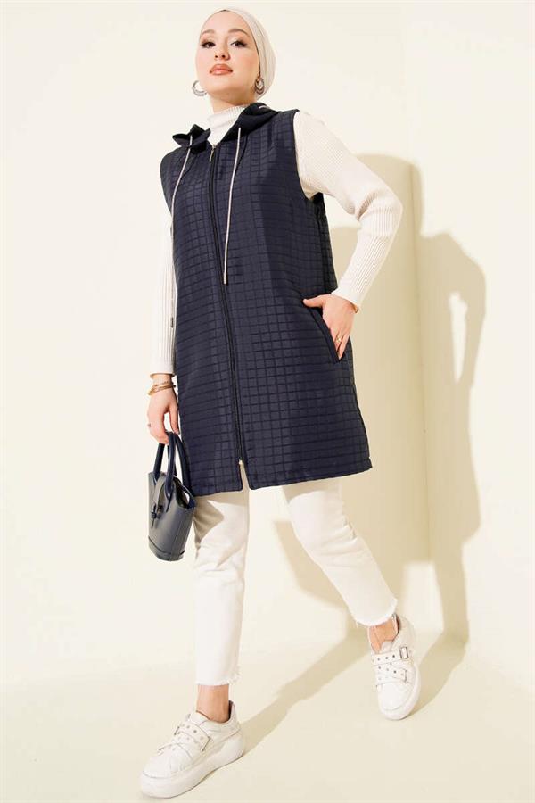Long Quilted Vest with Zipper, Navy Blue