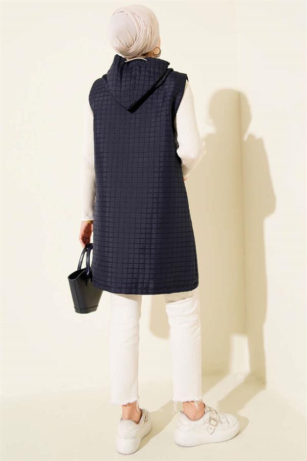 Long Quilted Vest with Zipper, Navy Blue