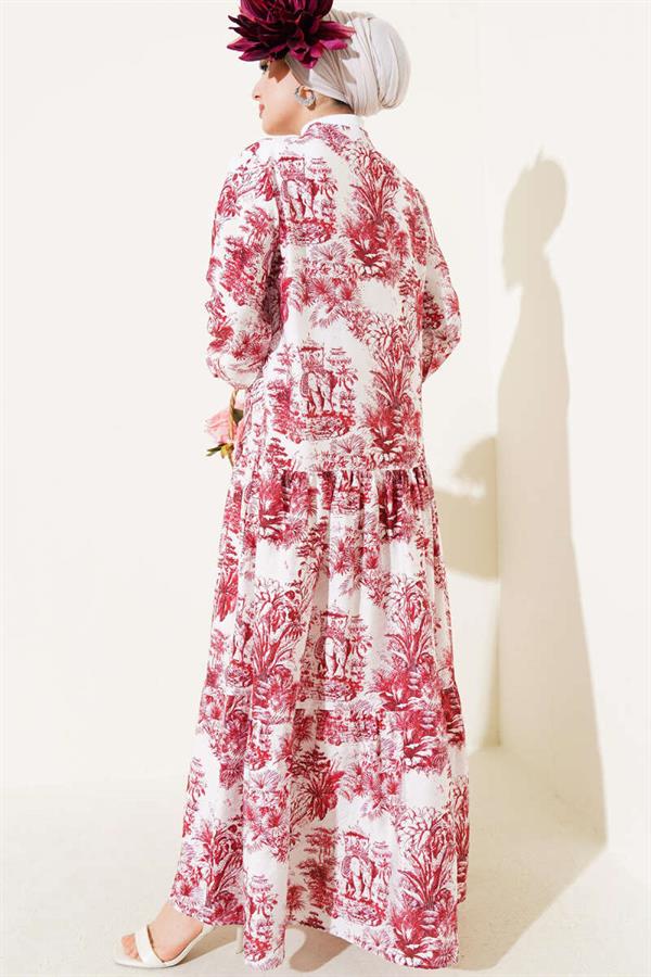 Filli Floral Patterned Viscose Dress Claret Red