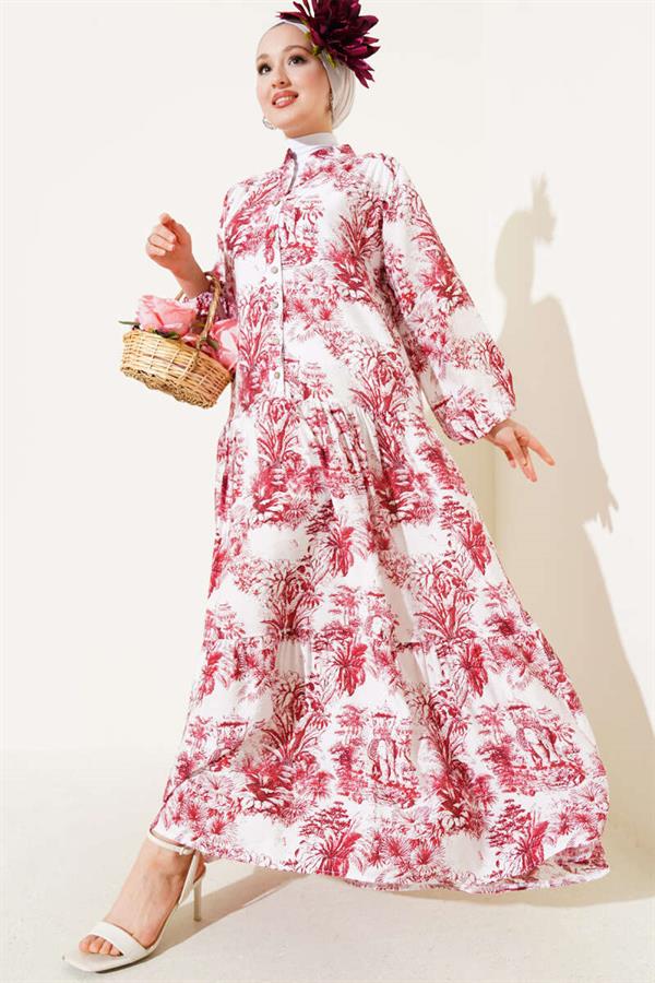 Filli Floral Patterned Viscose Dress Claret Red