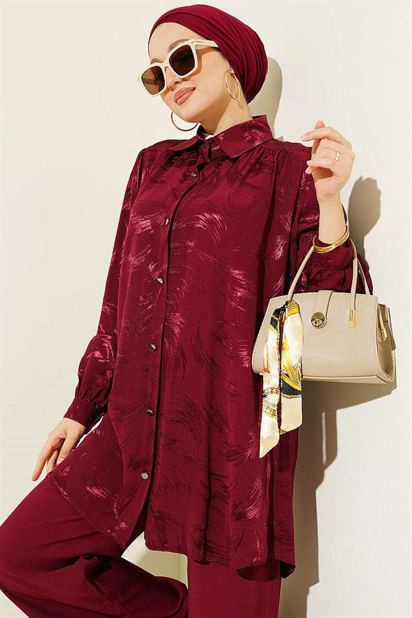 Brush Pattern Jacquard 2 Piece Set Burgundy