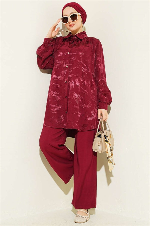 Brush Pattern Jacquard 2 Piece Set Burgundy