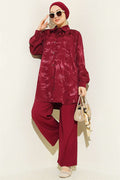 Brush Pattern Jacquard 2 Piece Set Burgundy
