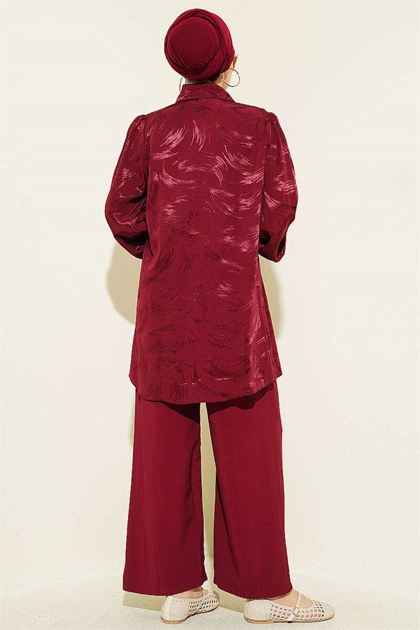 Brush Pattern Jacquard 2 Piece Set Burgundy