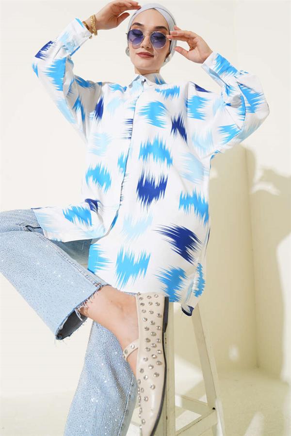 Brush Patterned Wrist Cuffed Shirt Blue
