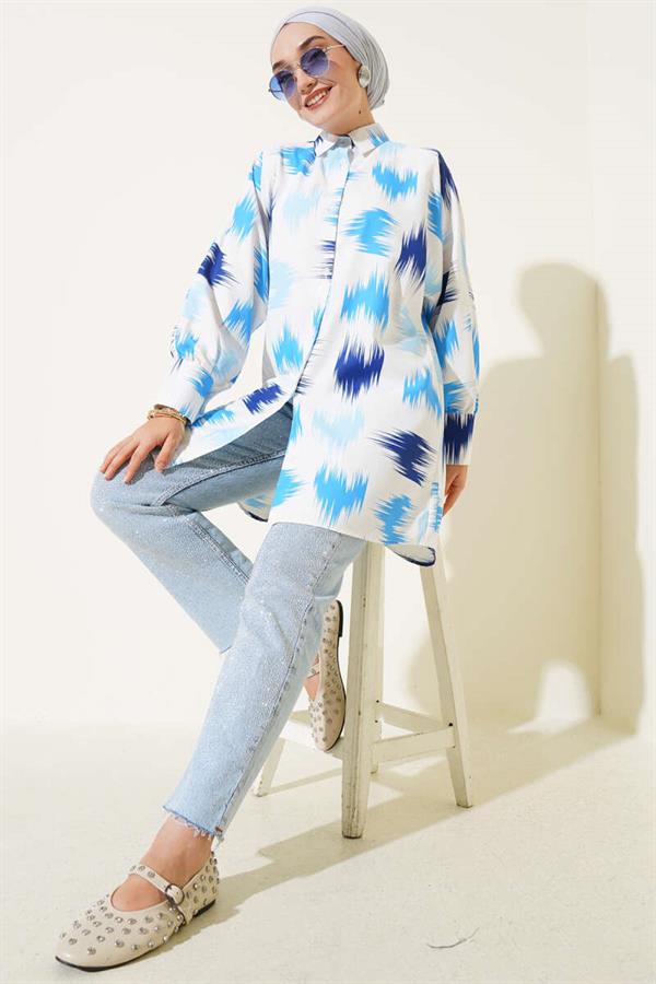 Brush Patterned Wrist Cuffed Shirt Blue