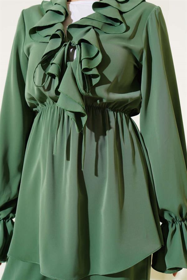 Ruffle Detailed Elastic Waist 2 Piece Set Khaki