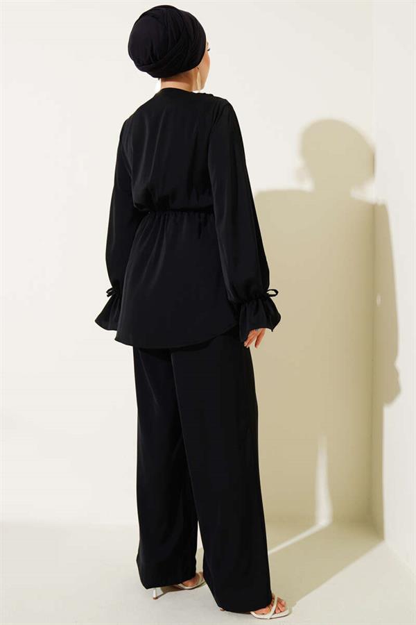 Ruffle Detailed Elastic Waist 2 Piece Set Black