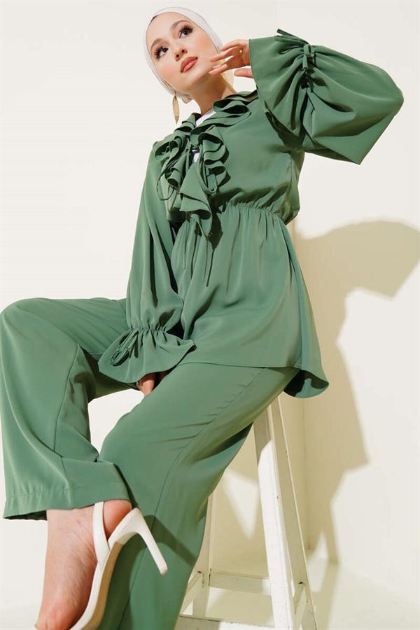 Ruffle Detailed Elastic Waist 2 Piece Set Khaki