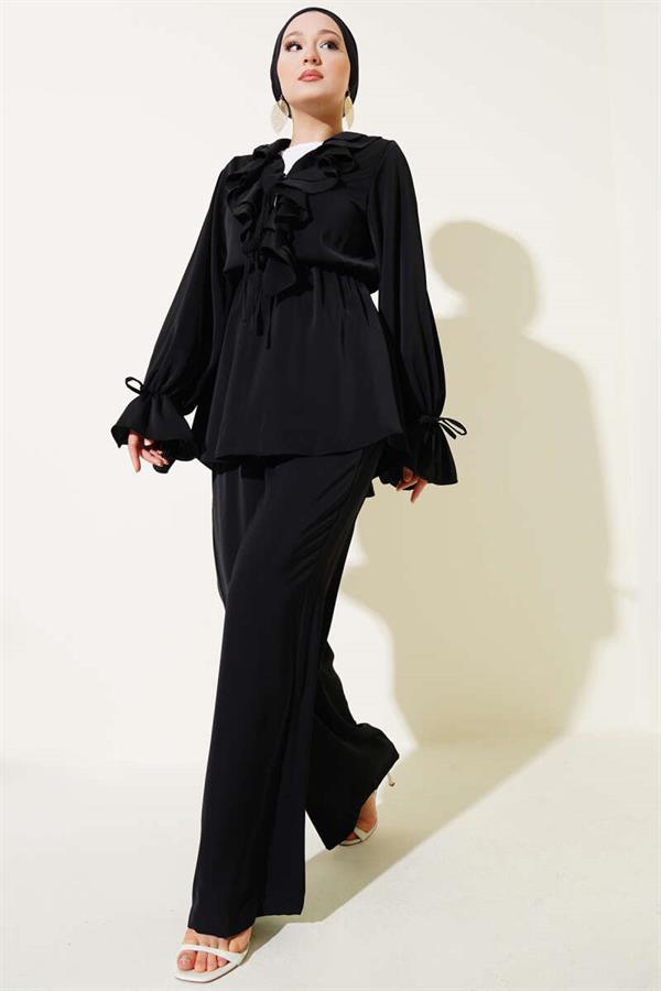 Ruffle Detailed Elastic Waist 2 Piece Set Black