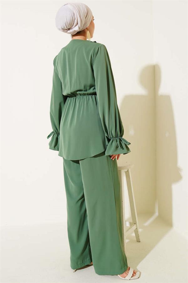 Ruffle Detailed Elastic Waist 2 Piece Set Khaki