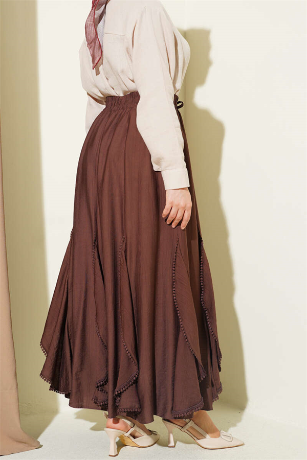 Ruffle Detail Elastic Waist Skirt, Brown