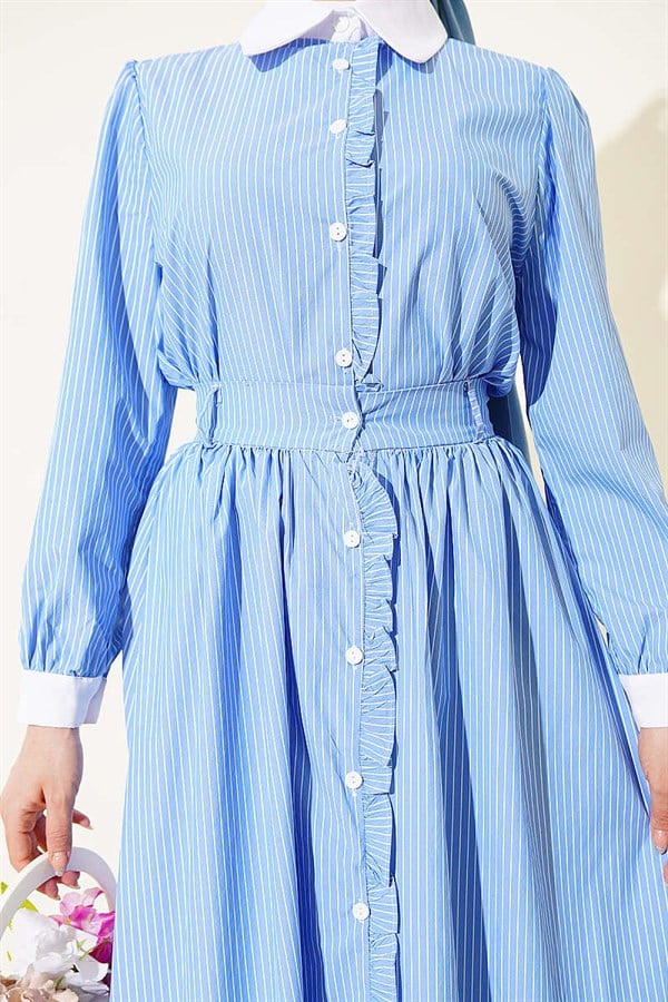 2 Piece Set with ruffled striped skirt, blue.