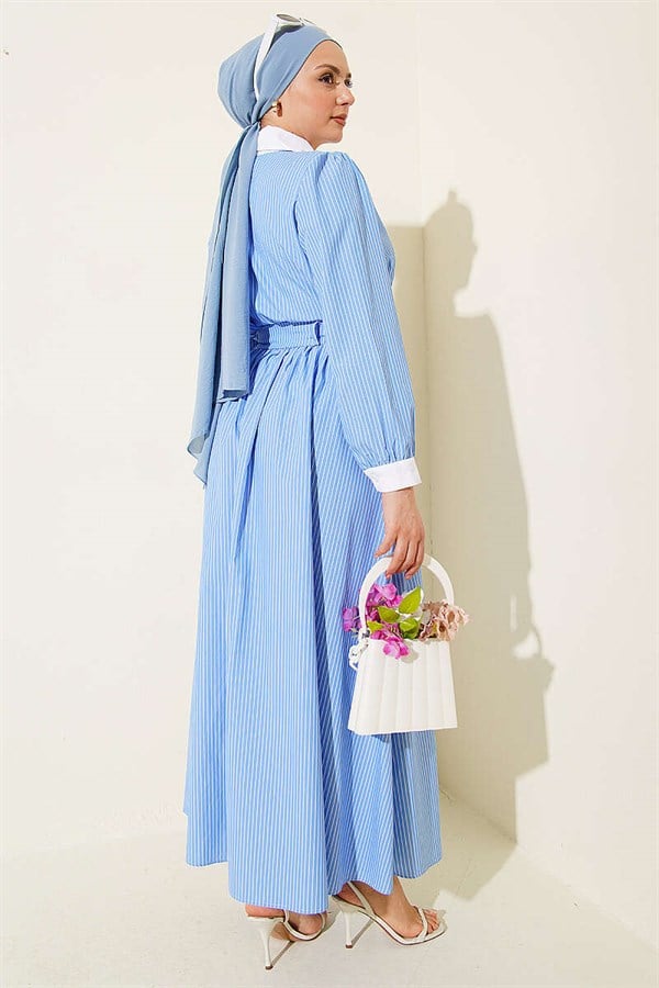 2 Piece Set with ruffled striped skirt, blue.