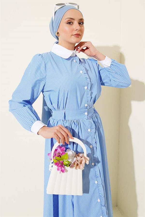 2 Piece Set with ruffled striped skirt, blue.