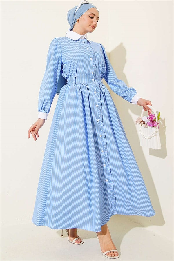 2 Piece Set with ruffled striped skirt, blue.