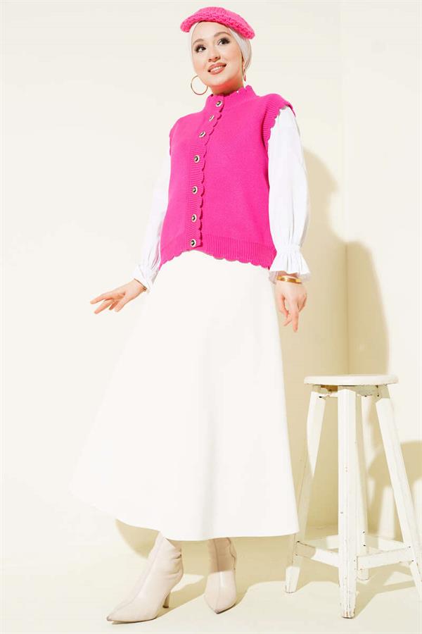 Fuchsia Buttoned Knit Vest with Ruffle Detail