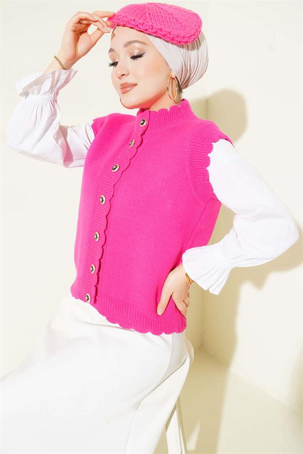 Fuchsia Buttoned Knit Vest with Ruffle Detail
