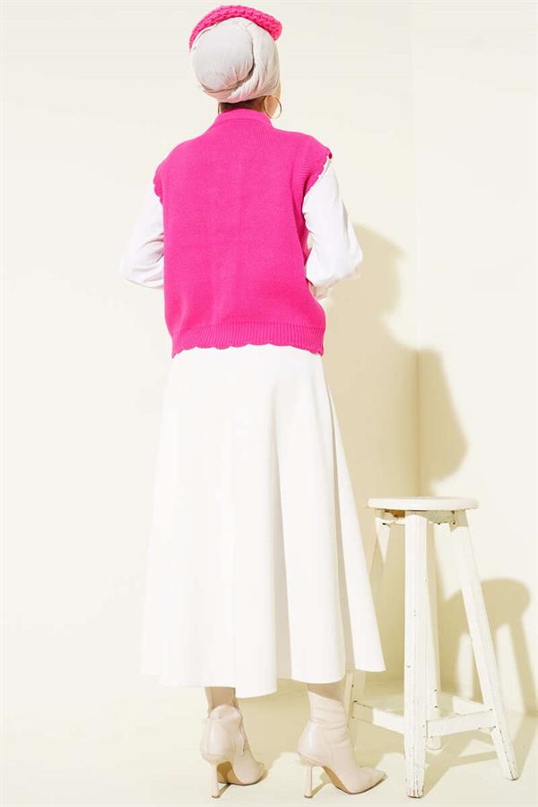 Fuchsia Buttoned Knit Vest with Ruffle Detail