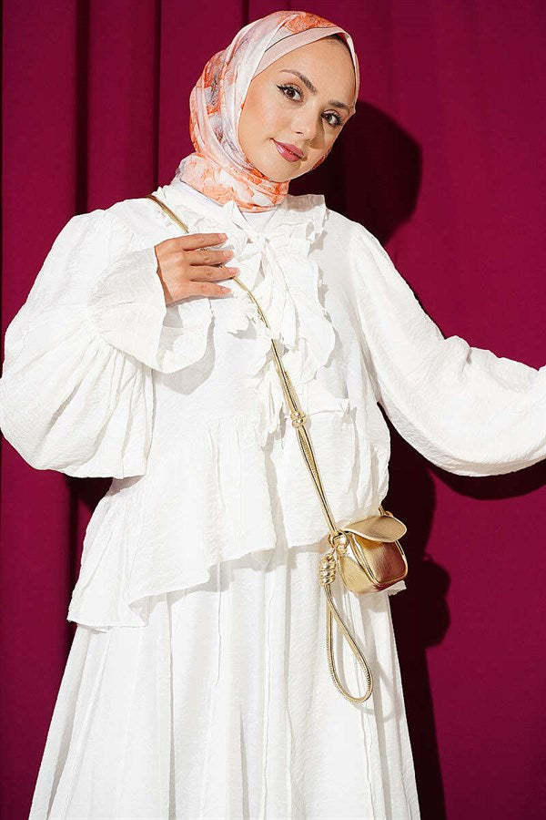 2 Piece Set with ruffle detail and tie-up skirt, ecru.