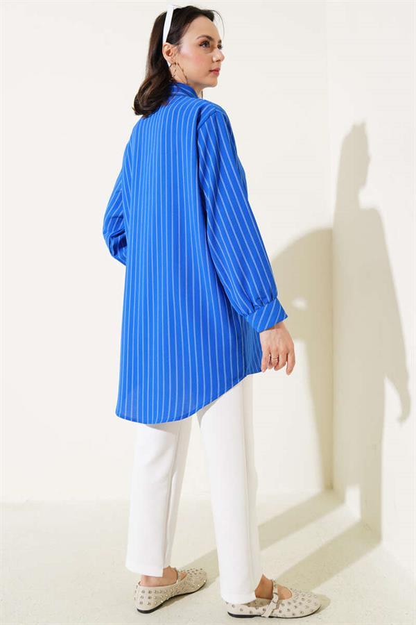Ruffle Detailed Stone Buttoned Striped Shirt in Saxe