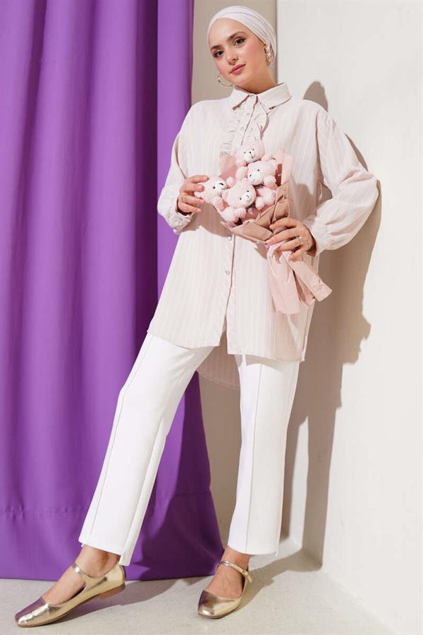 Ruffle Detailed Stone Buttoned Striped Shirt Beige