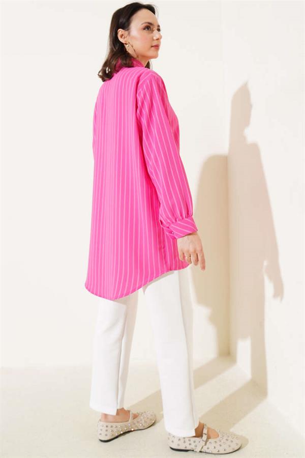 Ruffle Detailed Stone Buttoned Striped Shirt Fuchsia