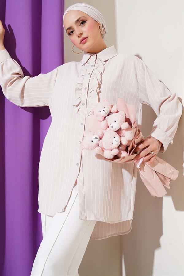 Ruffle Detailed Stone Buttoned Striped Shirt Beige