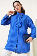 Ruffle Detailed Stone Buttoned Striped Shirt in Saxe