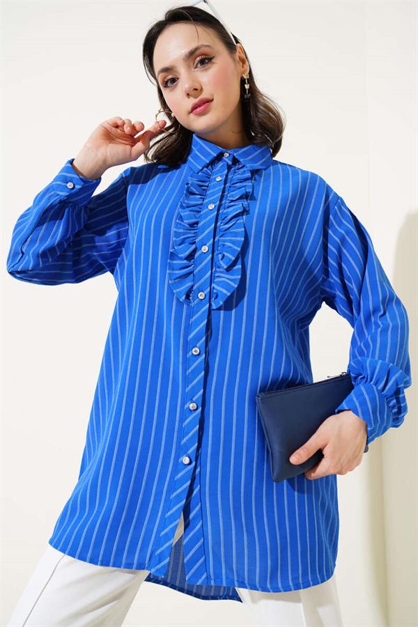 Ruffle Detailed Stone Buttoned Striped Shirt in Saxe