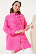 Ruffle Detailed Stone Buttoned Striped Shirt Fuchsia