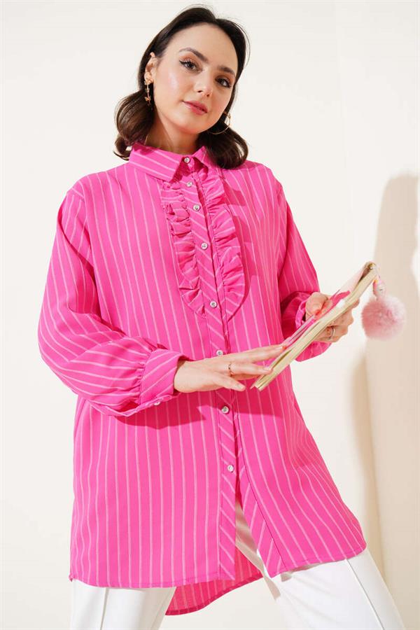 Ruffle Detailed Stone Buttoned Striped Shirt Fuchsia