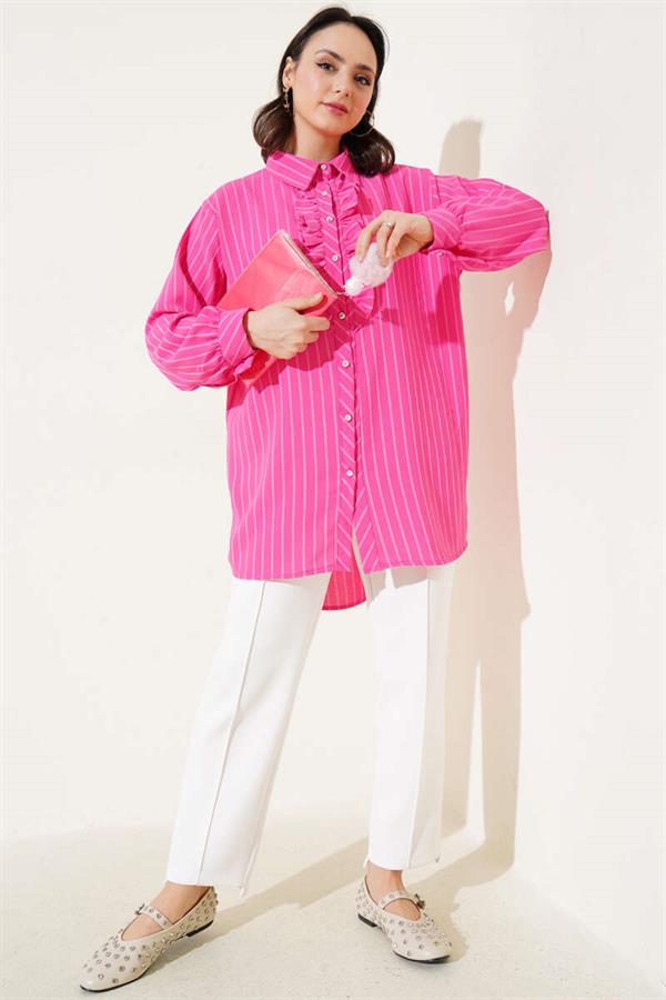 Ruffle Detailed Stone Buttoned Striped Shirt Fuchsia