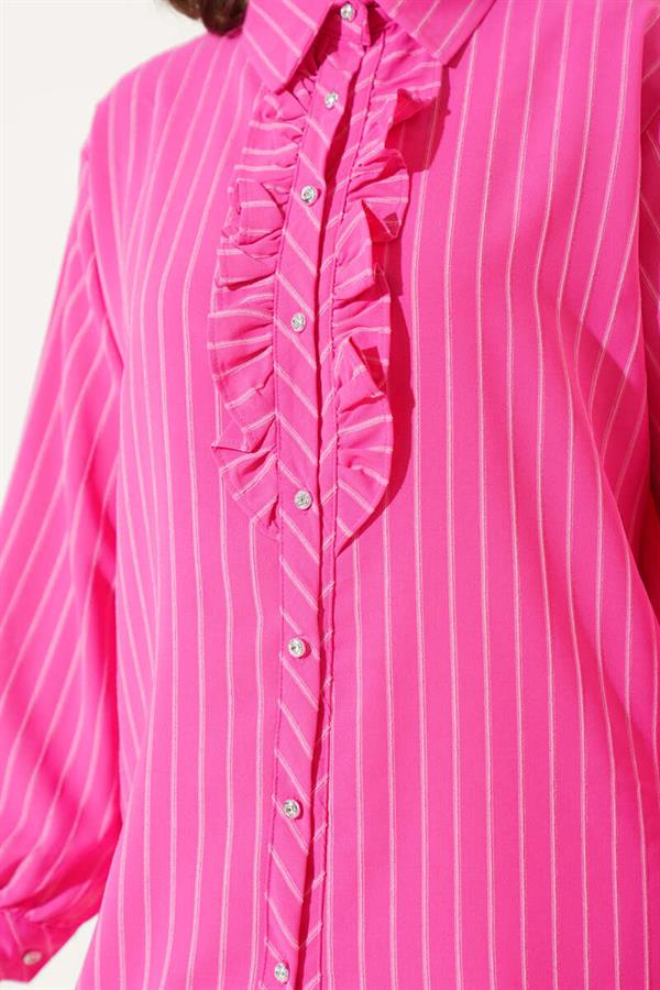 Ruffle Detailed Stone Buttoned Striped Shirt Fuchsia
