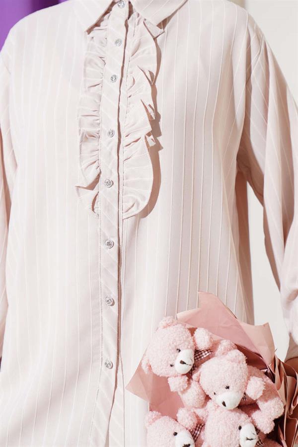 Ruffle Detailed Stone Buttoned Striped Shirt Beige