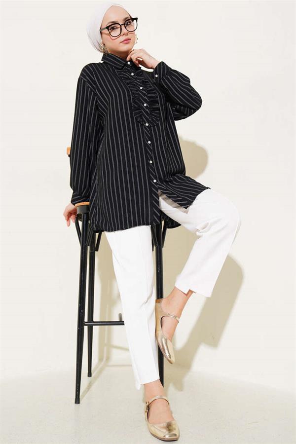 Ruffle Detailed Stone Buttoned Striped Shirt Black