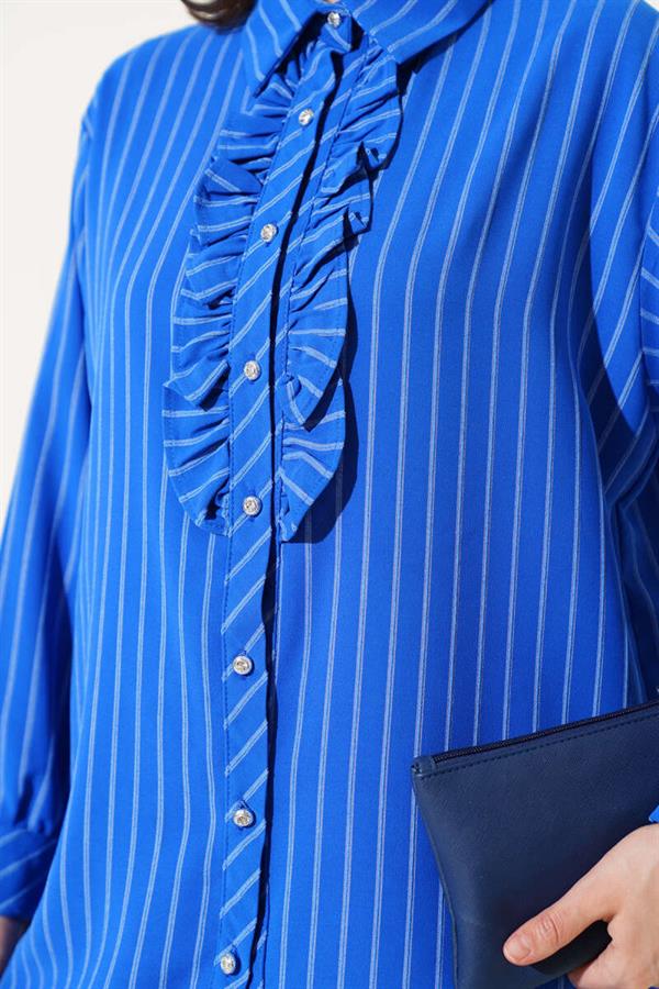Ruffle Detailed Stone Buttoned Striped Shirt in Saxe