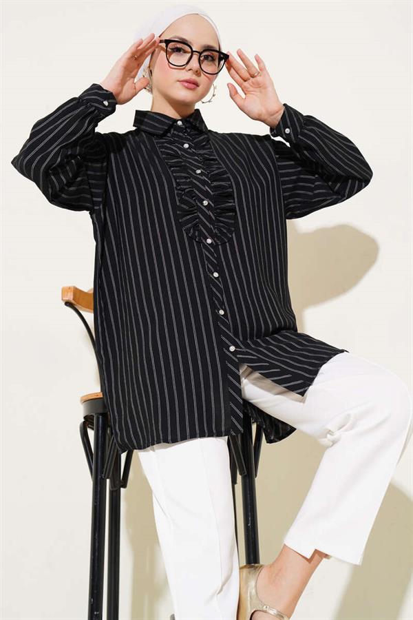 Ruffle Detailed Stone Buttoned Striped Shirt Black