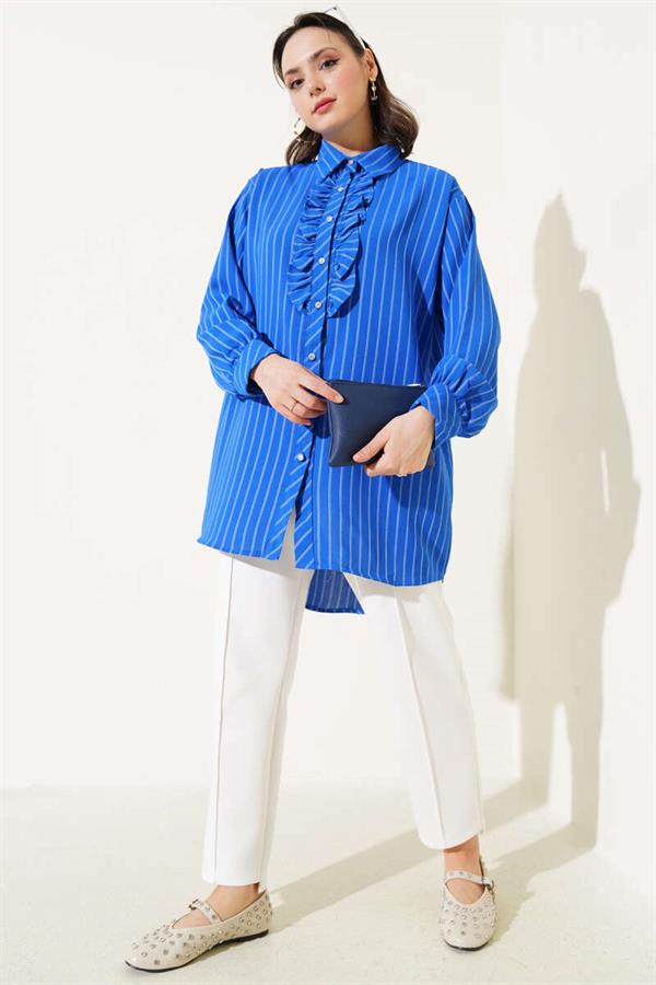 Ruffle Detailed Stone Buttoned Striped Shirt in Saxe