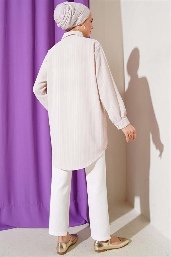 Ruffle Detailed Stone Buttoned Striped Shirt Beige