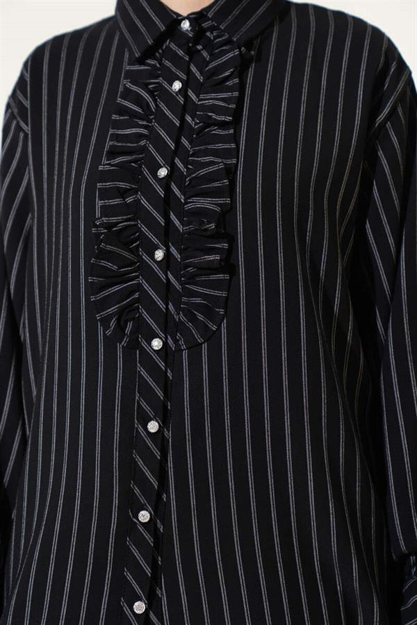 Ruffle Detailed Stone Buttoned Striped Shirt Black